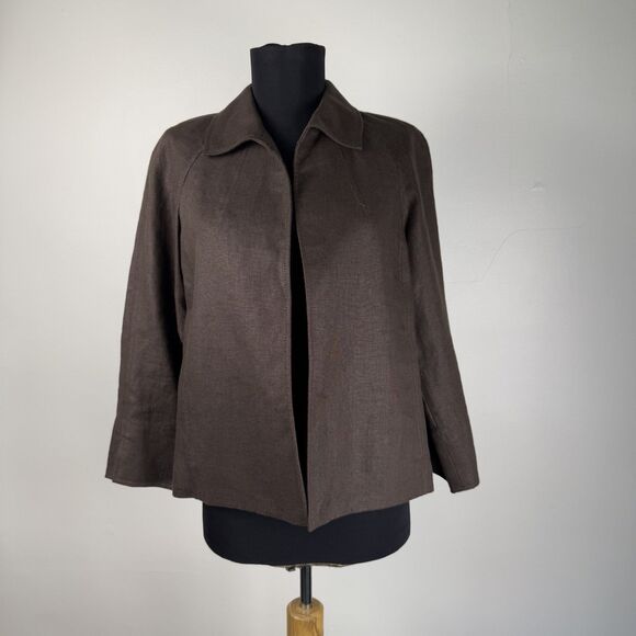 Talbots Petites 100% Pure Irish Linen Dark Brown, Open Front Jacket - Size P - Picture 1 of 10
